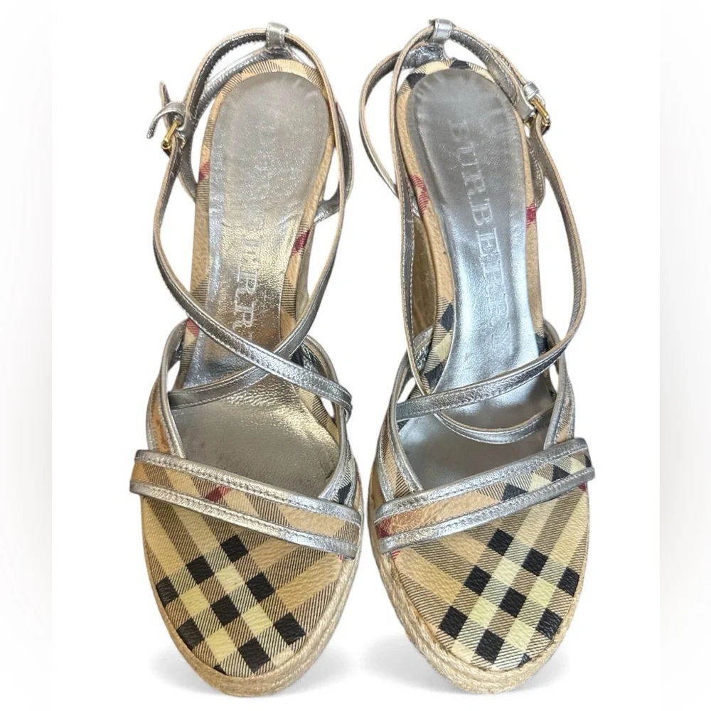 Burberry Silver Plaid Leather Espadrilles Sandals Platform Shoes Size 38 5” Heel